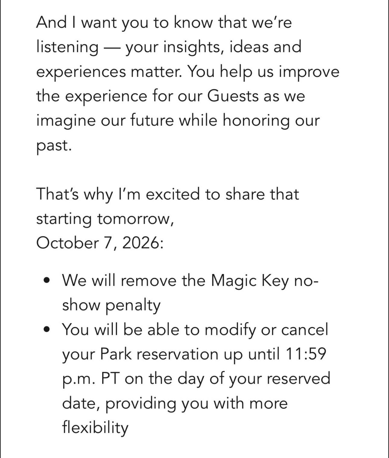 Disneyland message to Magic Key holders announcing that starting October 7, 2026 the no-show penalty is removed and park reservations can be modified or cancelled until 11:59 p.m. PT on the reserved date