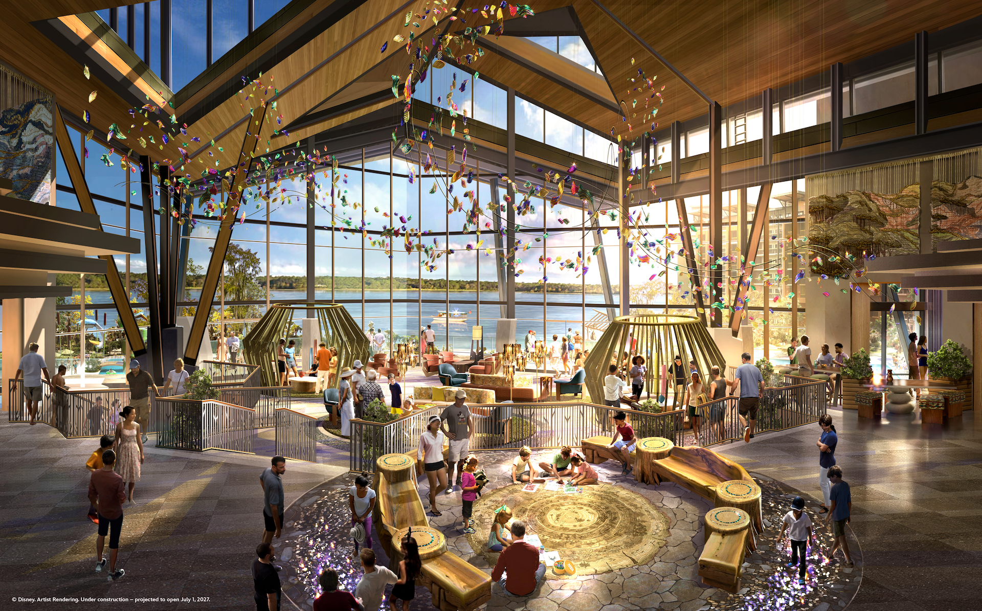 Artist rendering of the lobby at Disney's Lakeshore Lodge, with a glowing river design in the floor, a central seating area, floor-to-ceiling windows and suspended glass leaves overhead