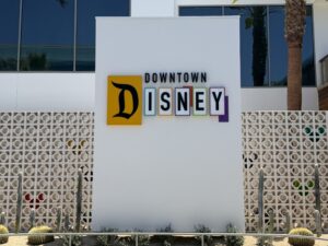 The Downtown Disney sign with its new logo at the Disneyland Resort