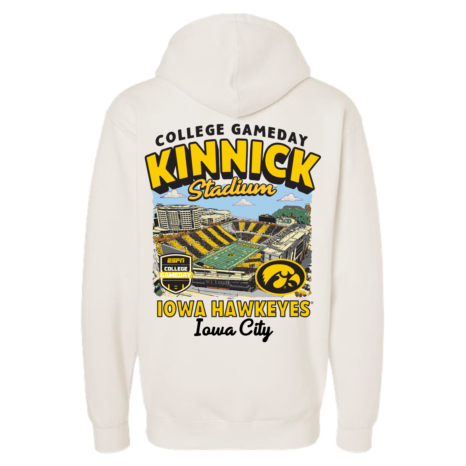 College GameDay Iowa Hawkeyes Stadium Hoodie with a Kinnick Stadium illustration on the back
