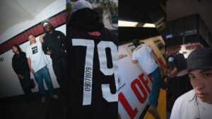 Models wearing ESPN Store apparel, including an ESPN hoodie and Sports Forever shirts and caps