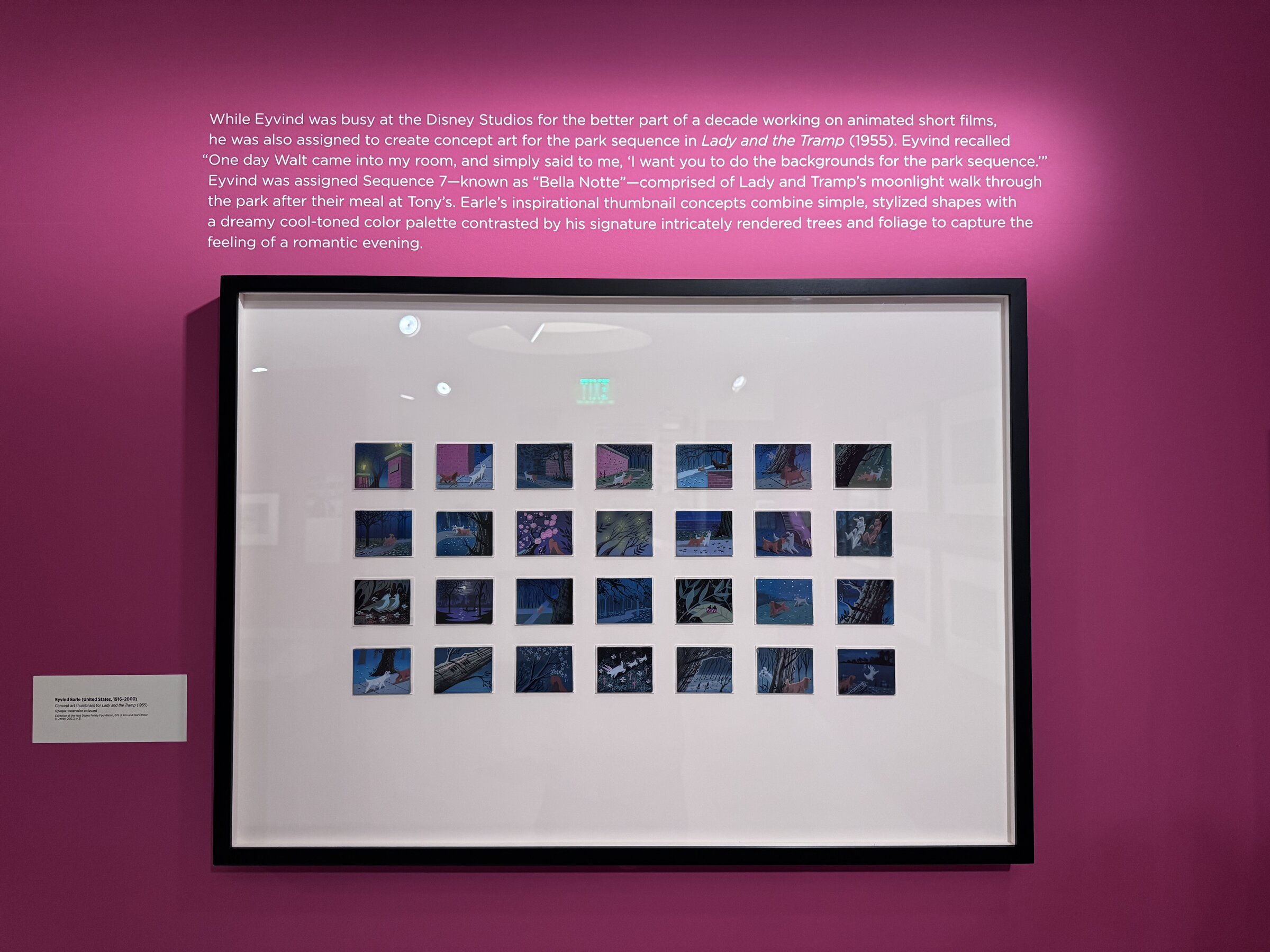 A framed grid of small Eyvind Earle concept thumbnails for the Bella Notte park sequence in Lady and the Tramp, under wall text about the assignment