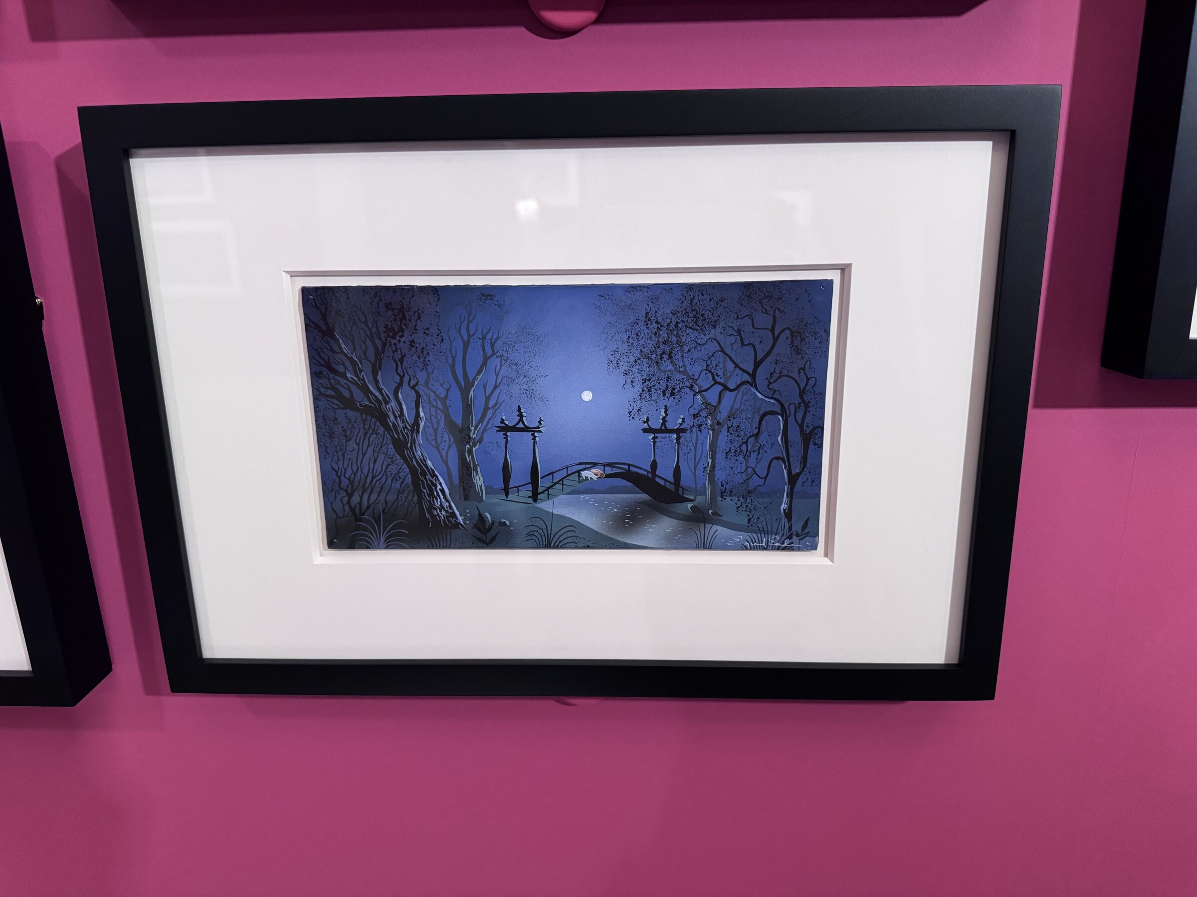Eyvind Earle concept art for Lady and the Tramp showing a moonlit park bridge framed by dark trees