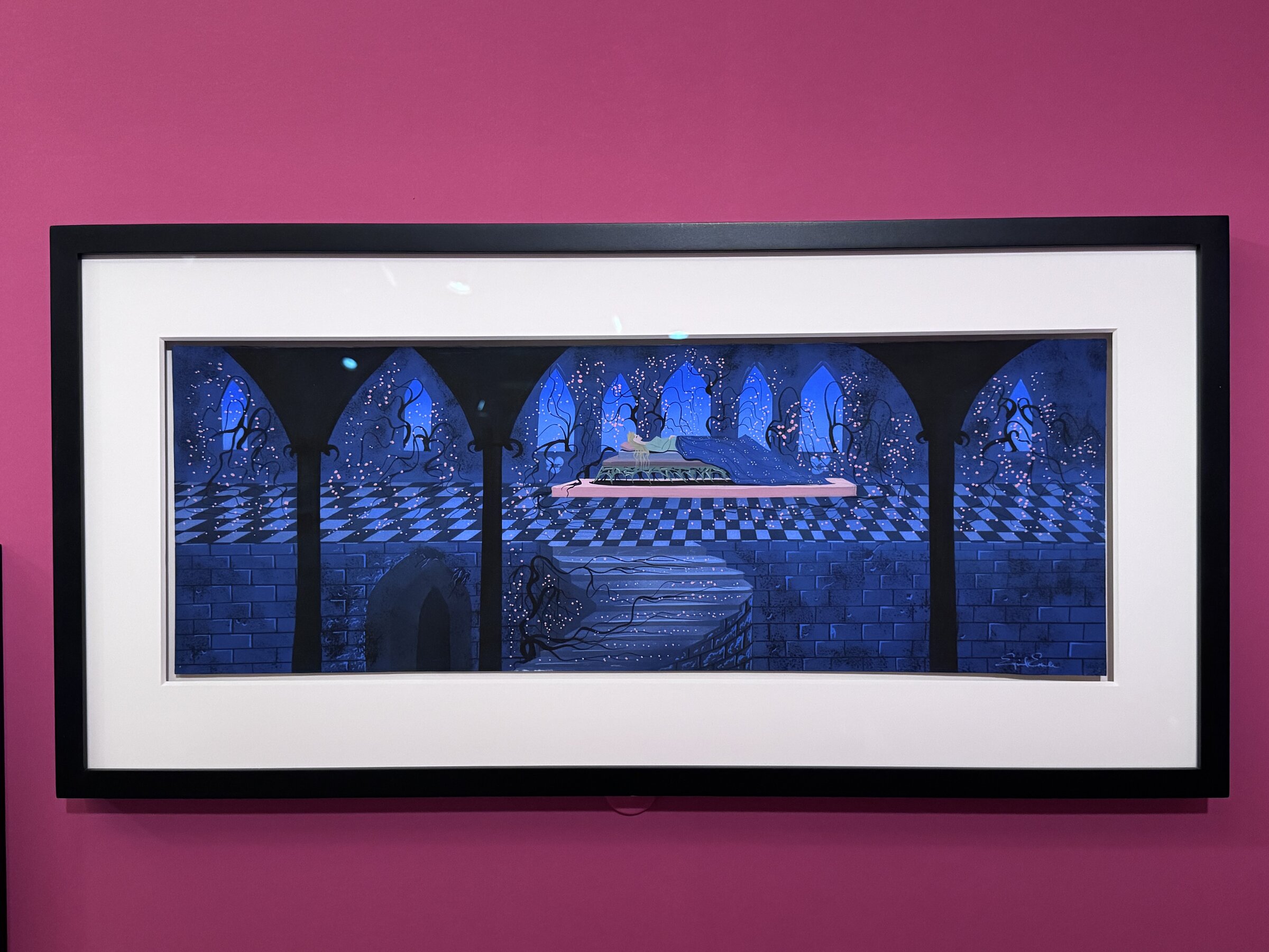 Eyvind Earle Sleeping Beauty art of a blue arched castle chamber with a checkered floor and a bed at center