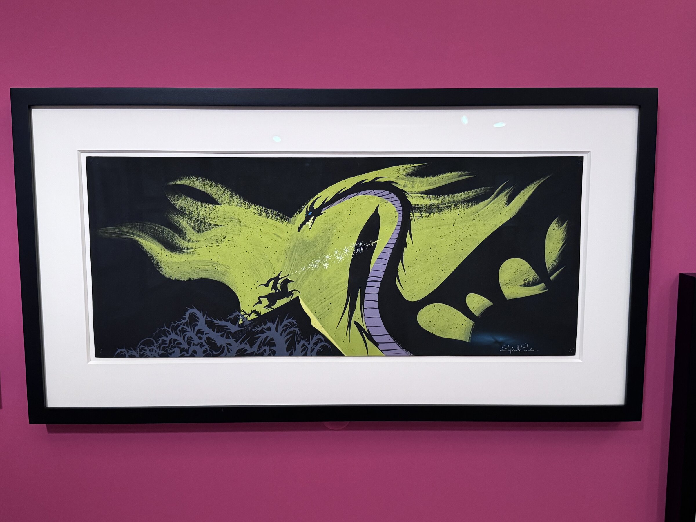 Eyvind Earle Sleeping Beauty art of Maleficent as a dragon breathing yellow-green fire against a black sky