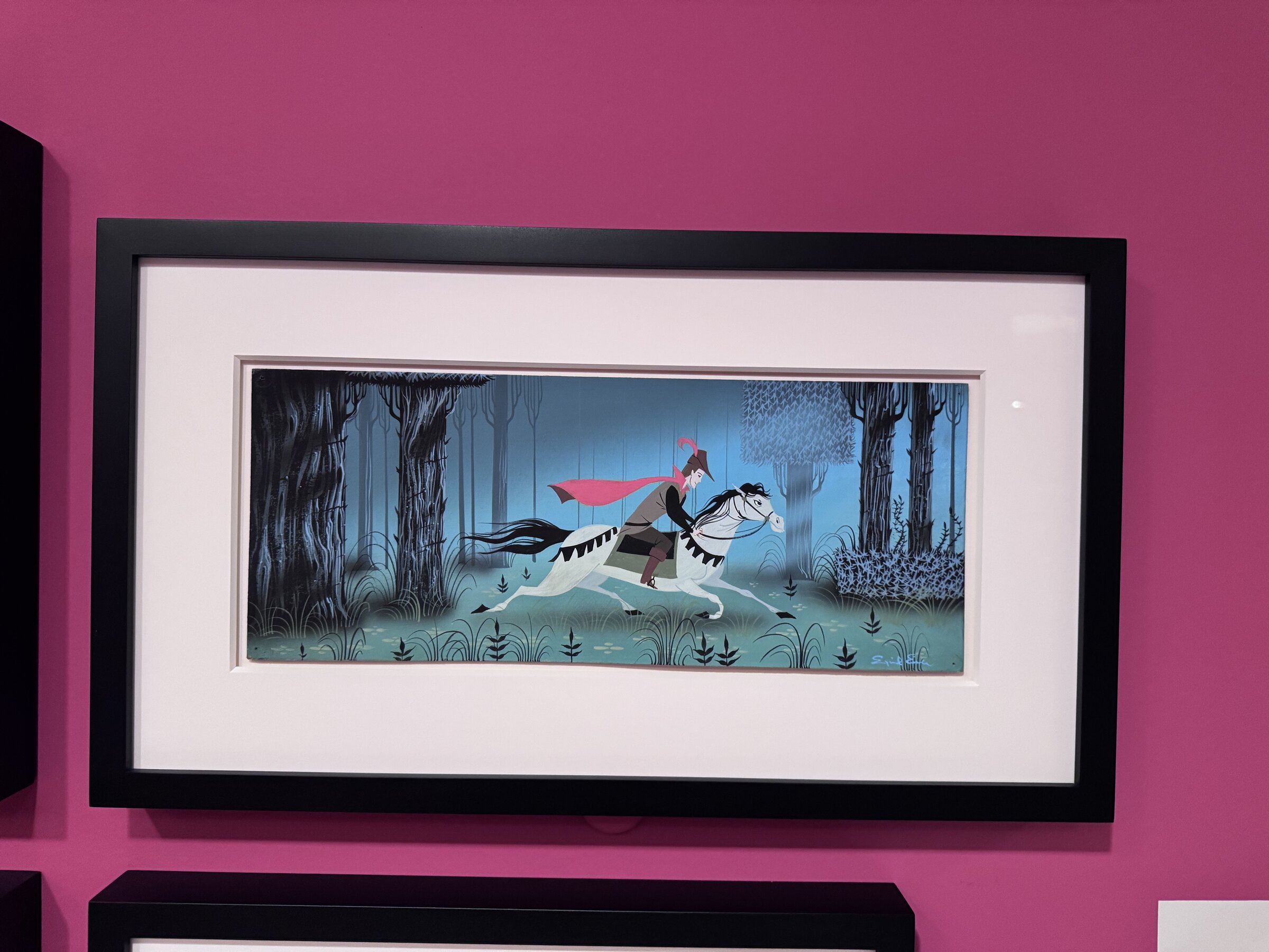 Eyvind Earle Sleeping Beauty art of Prince Phillip riding Samson through a blue forest of tall straight trees