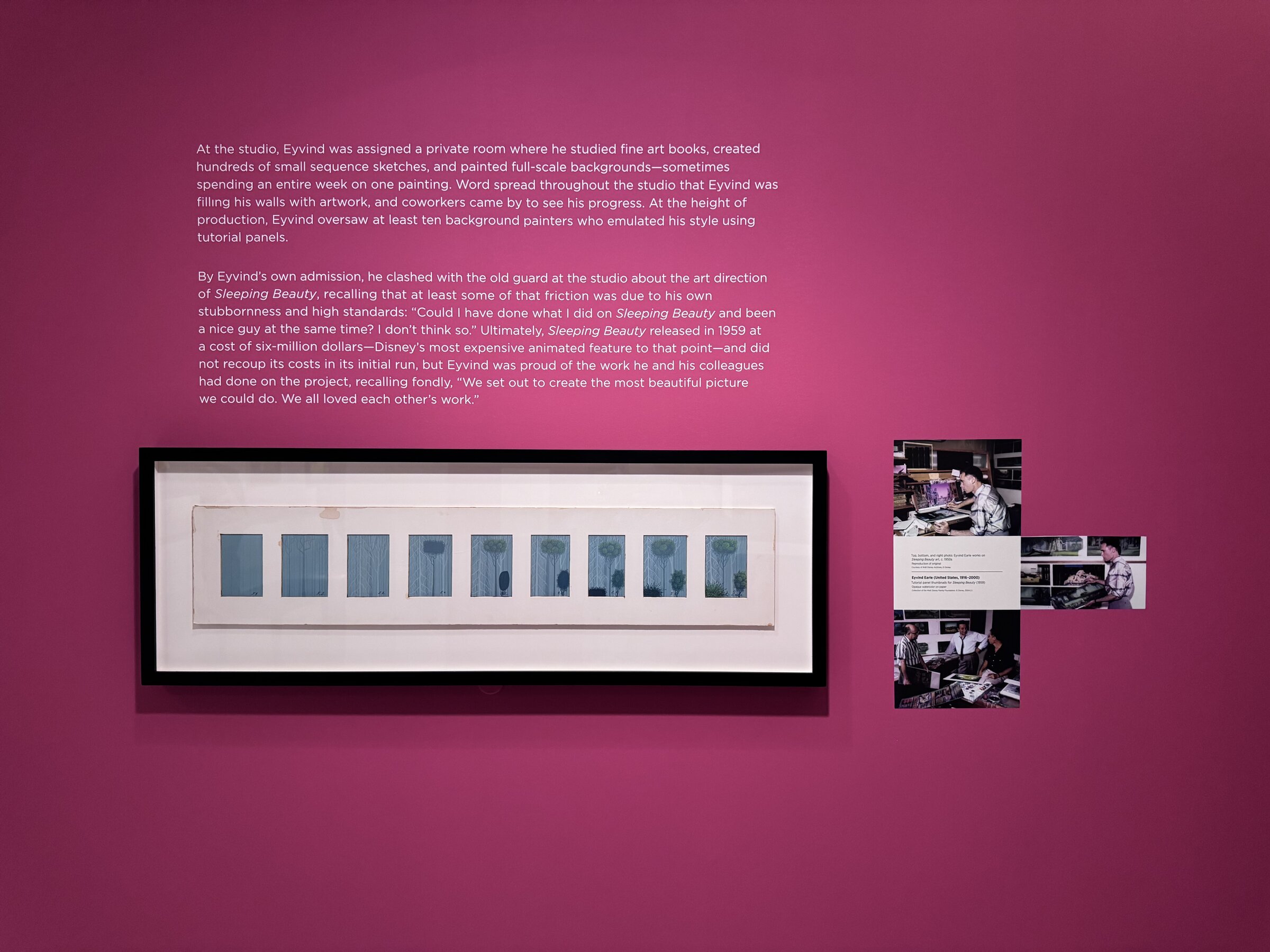 A long frame of small Eyvind Earle concept thumbnails for Sleeping Beauty below wall text about his private room at the Disney studio