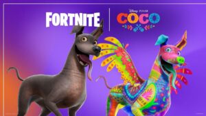 Fortnite and Disney Pixar Coco art showing Dante and a colorful alebrije version of Dante
