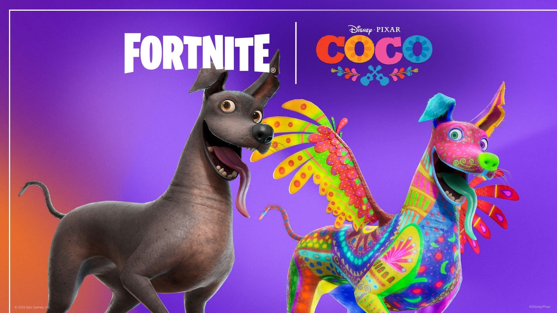 Fortnite and Disney Pixar Coco art showing Dante and a colorful alebrije version of Dante