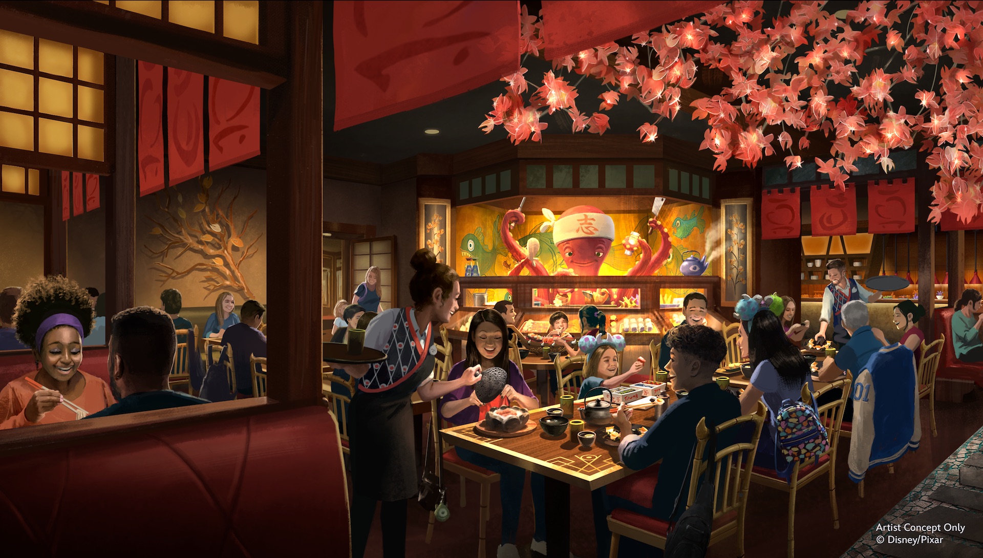 Concept art of guests dining inside Harryhausen's in Monstropolis at Disney's Hollywood Studios, with red booths and a pink blossom canopy overhead. (Disney)
