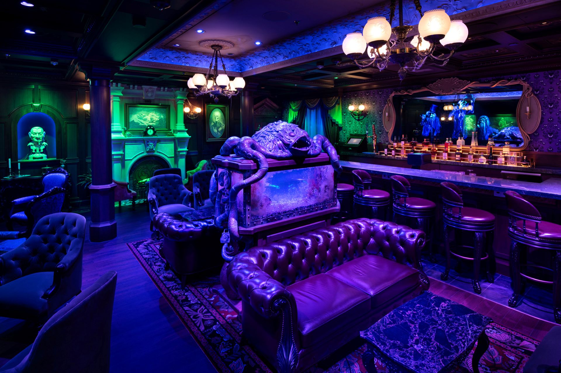 Haunted Mansion Parlor lounge aboard a Disney Cruise Line Wish-class ship