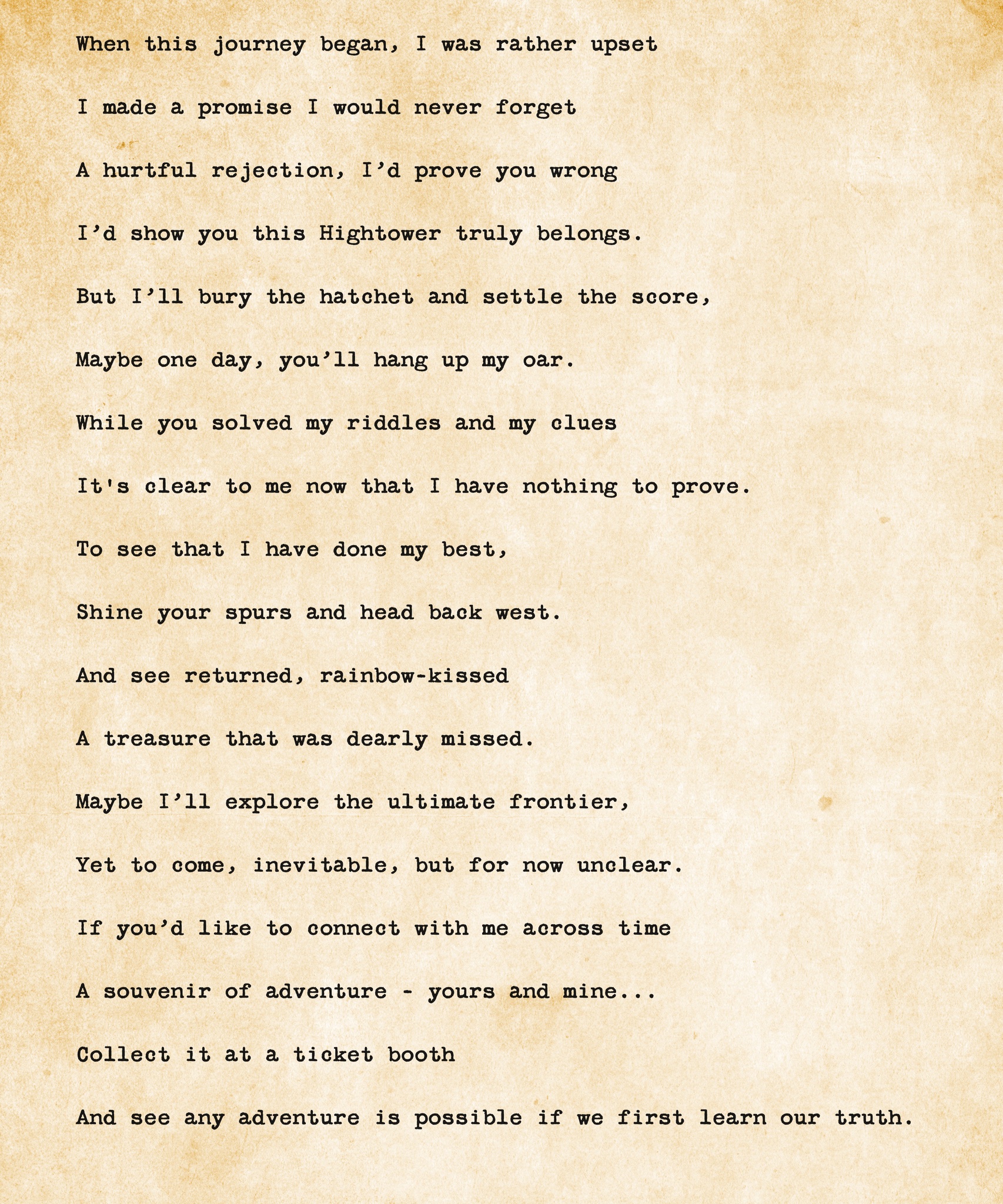 Typewritten poem from Hazel Hightower on aged paper ending with an invitation to collect a souvenir at a ticket booth