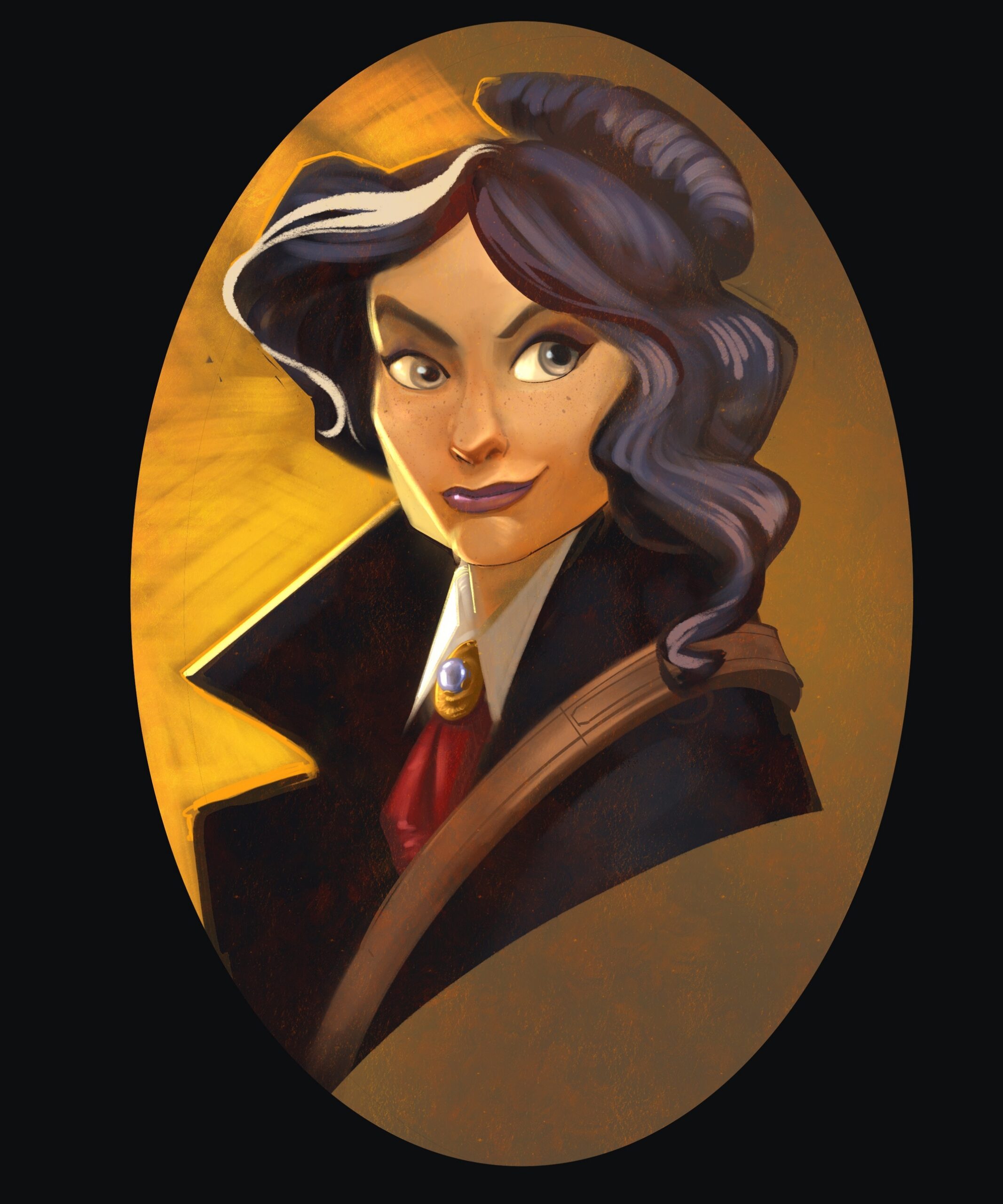 Portrait of Hazel Hightower, a woman with dark hair and a white streak, wearing a dark coat and red cravat