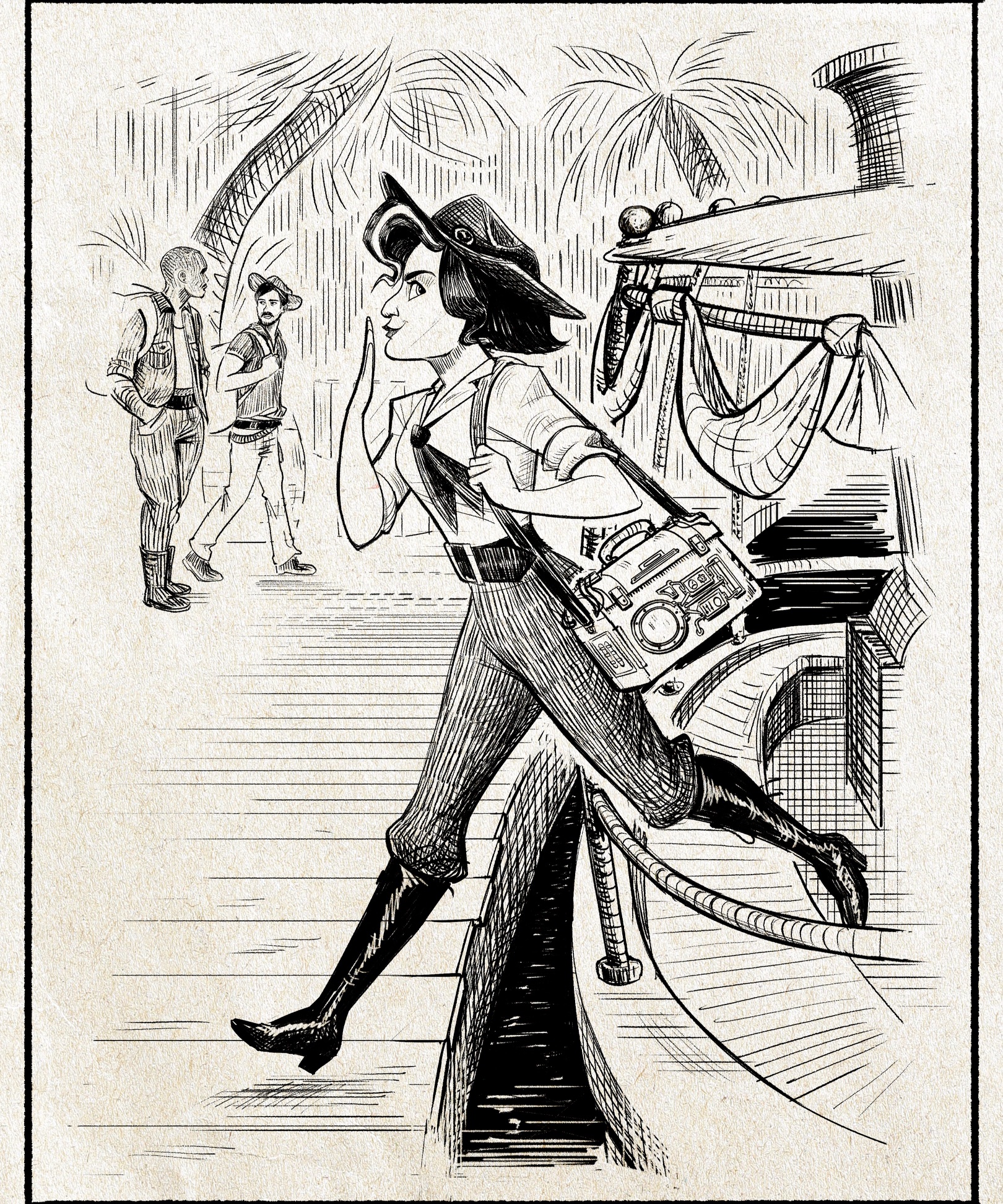 Ink sketch of Hazel Hightower in a hat stepping off a boat dock with a device case over her shoulder