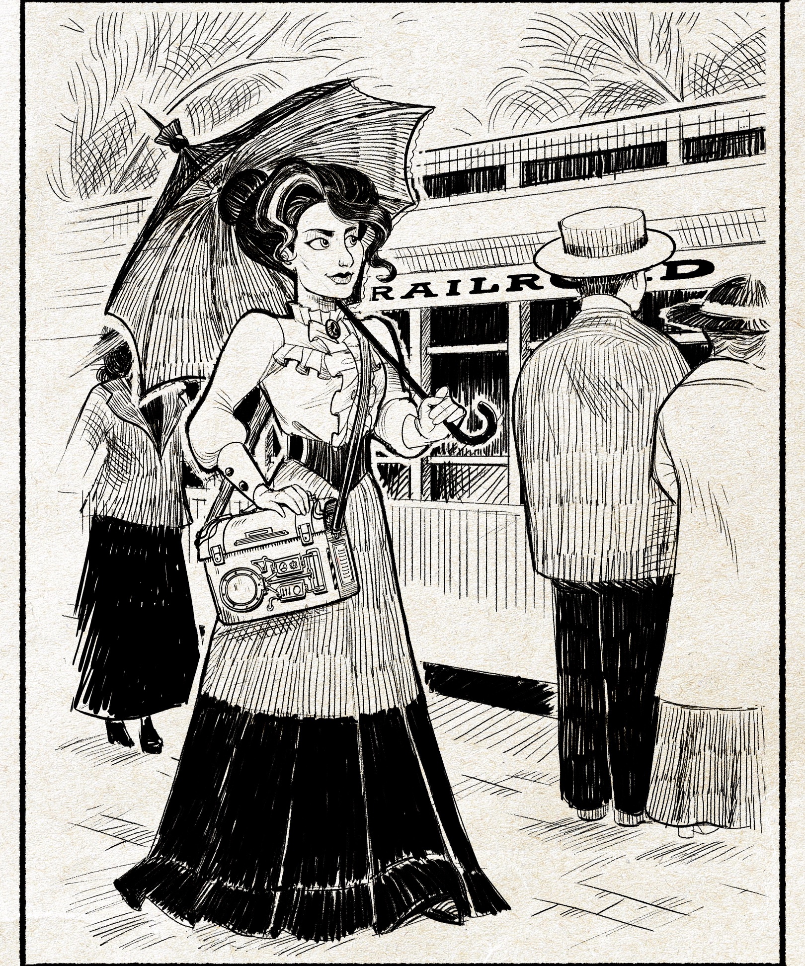 Ink sketch of Hazel Hightower with a parasol and a device case outside a railroad station