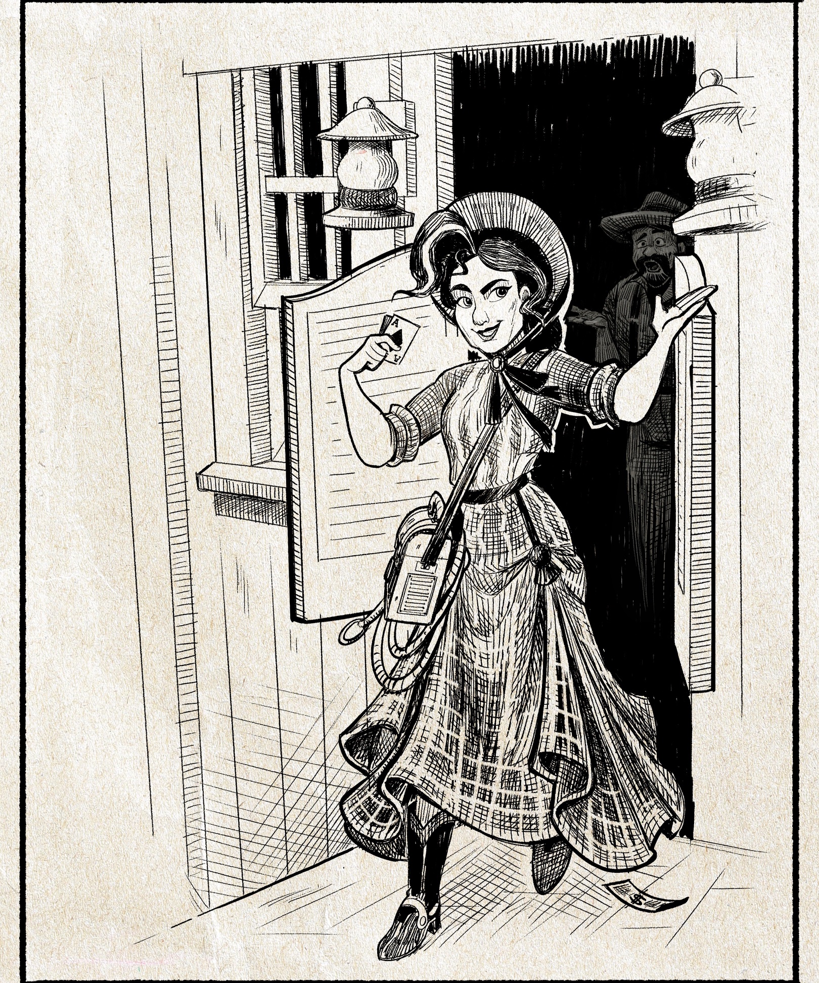 Ink sketch of Hazel Hightower in a bonnet leaving through saloon doors holding an ace card