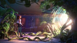 Billie Doe surrounded by glowing vines in her bedroom in Disney Animation's Hexed