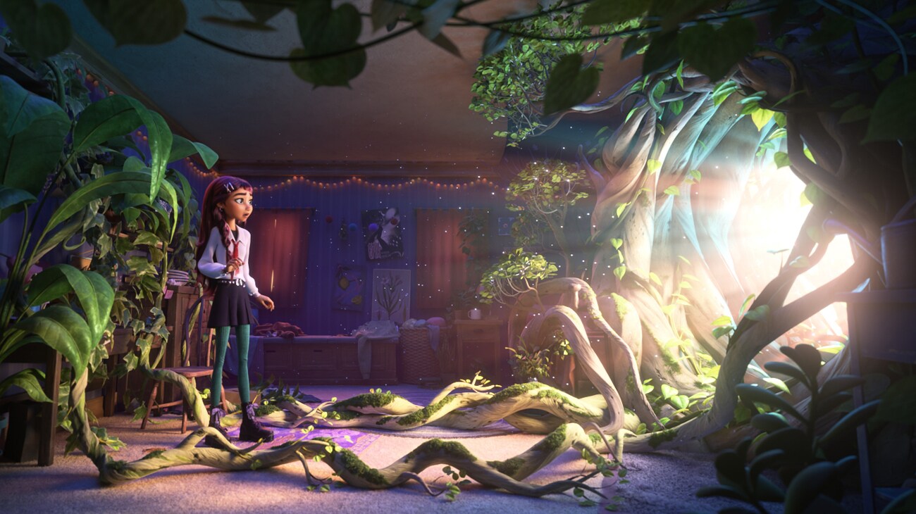 Billie Doe surrounded by glowing vines in her bedroom in Disney Animation's Hexed