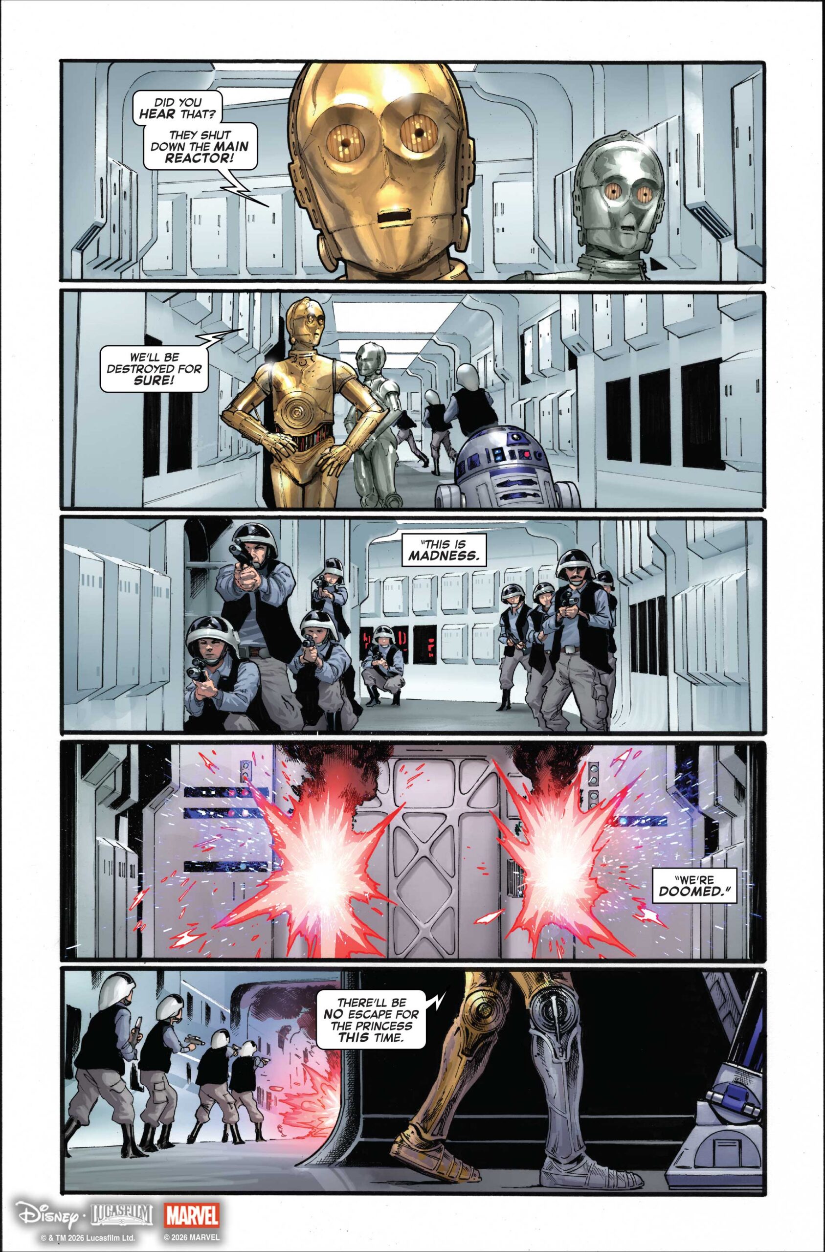 Hope Assembles #1 preview page with C-3PO and R2-D2 aboard the Tantive IV as rebel troopers wait for the Empire to board