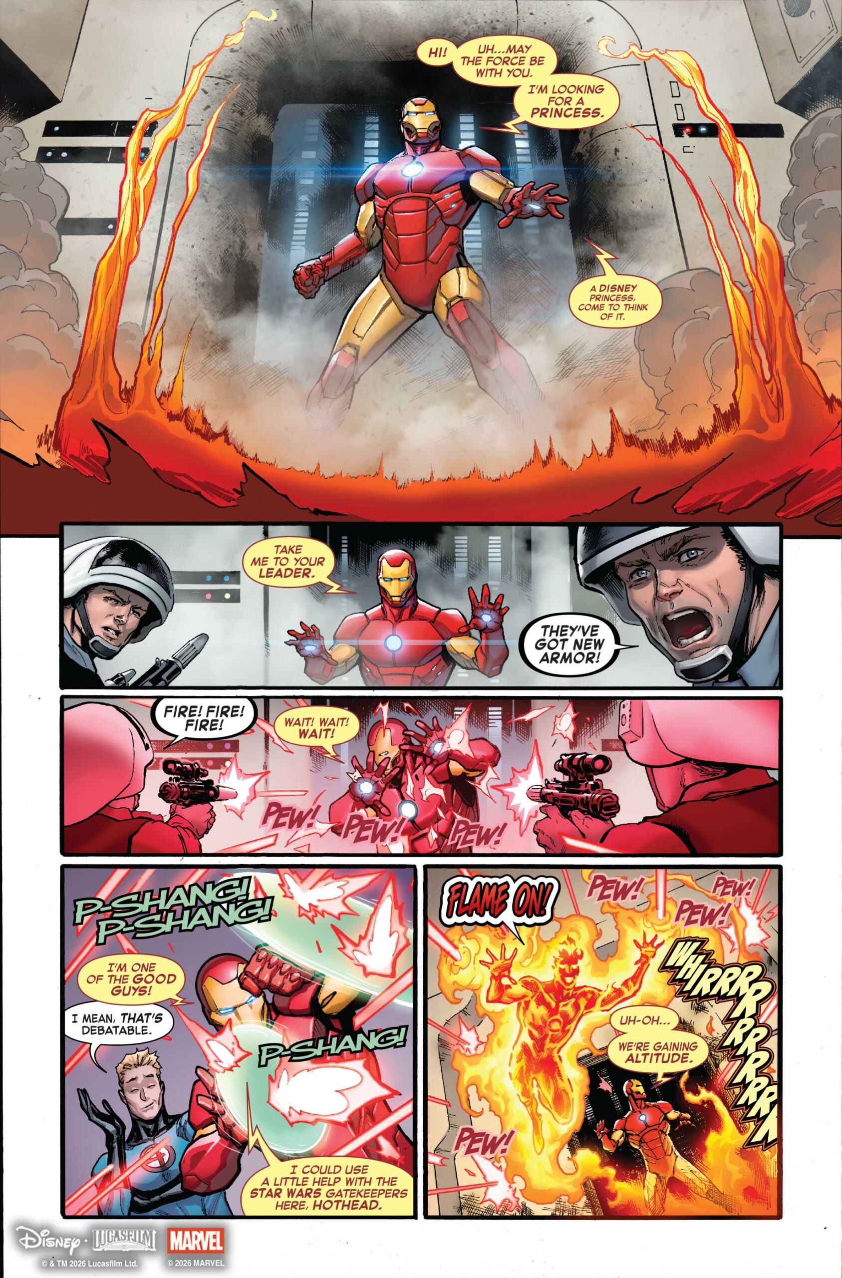 Hope Assembles #1 preview page with Iron Man blasting into the Tantive IV looking for a princess while the Human Torch flames on
