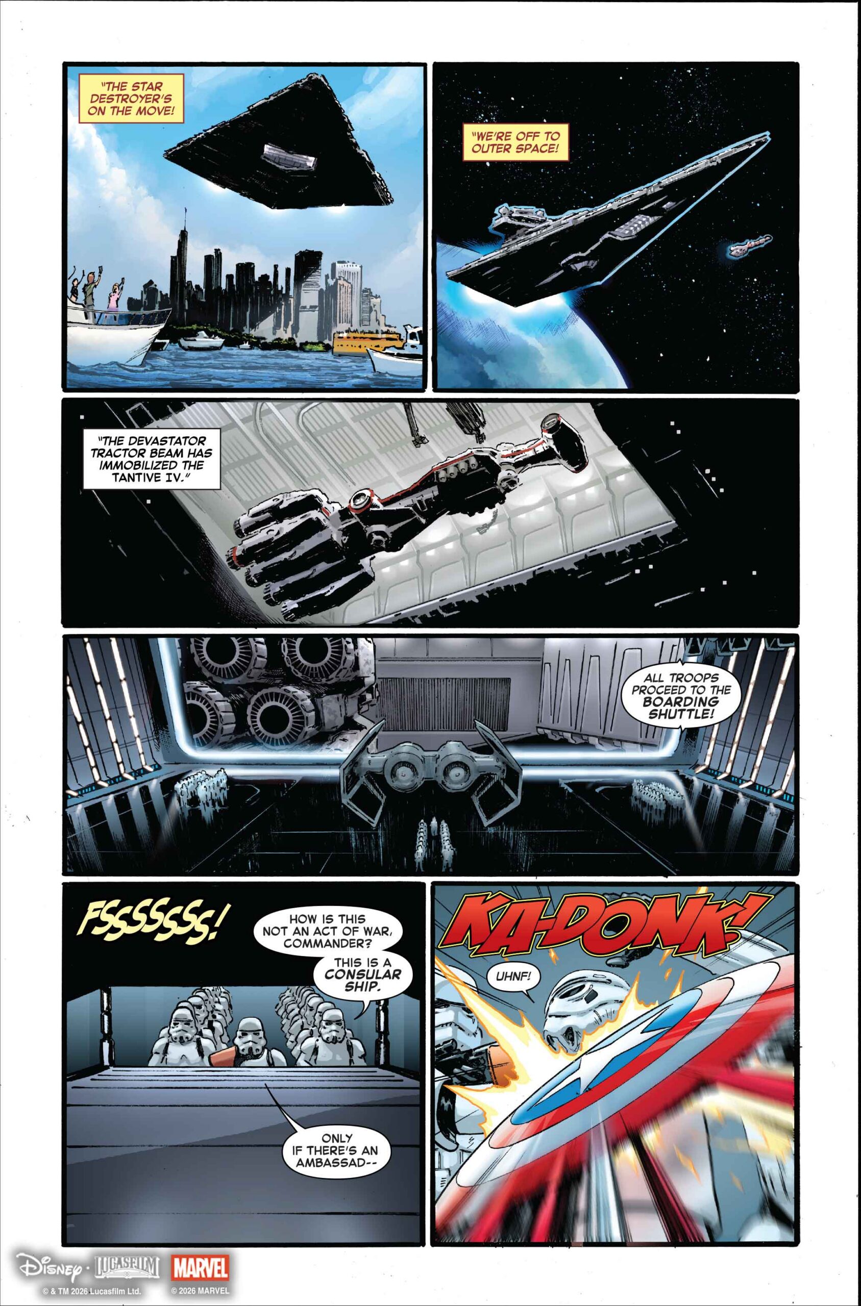 Hope Assembles #1 preview page with a Star Destroyer over the New York City skyline and Captain America's shield hitting a stormtrooper