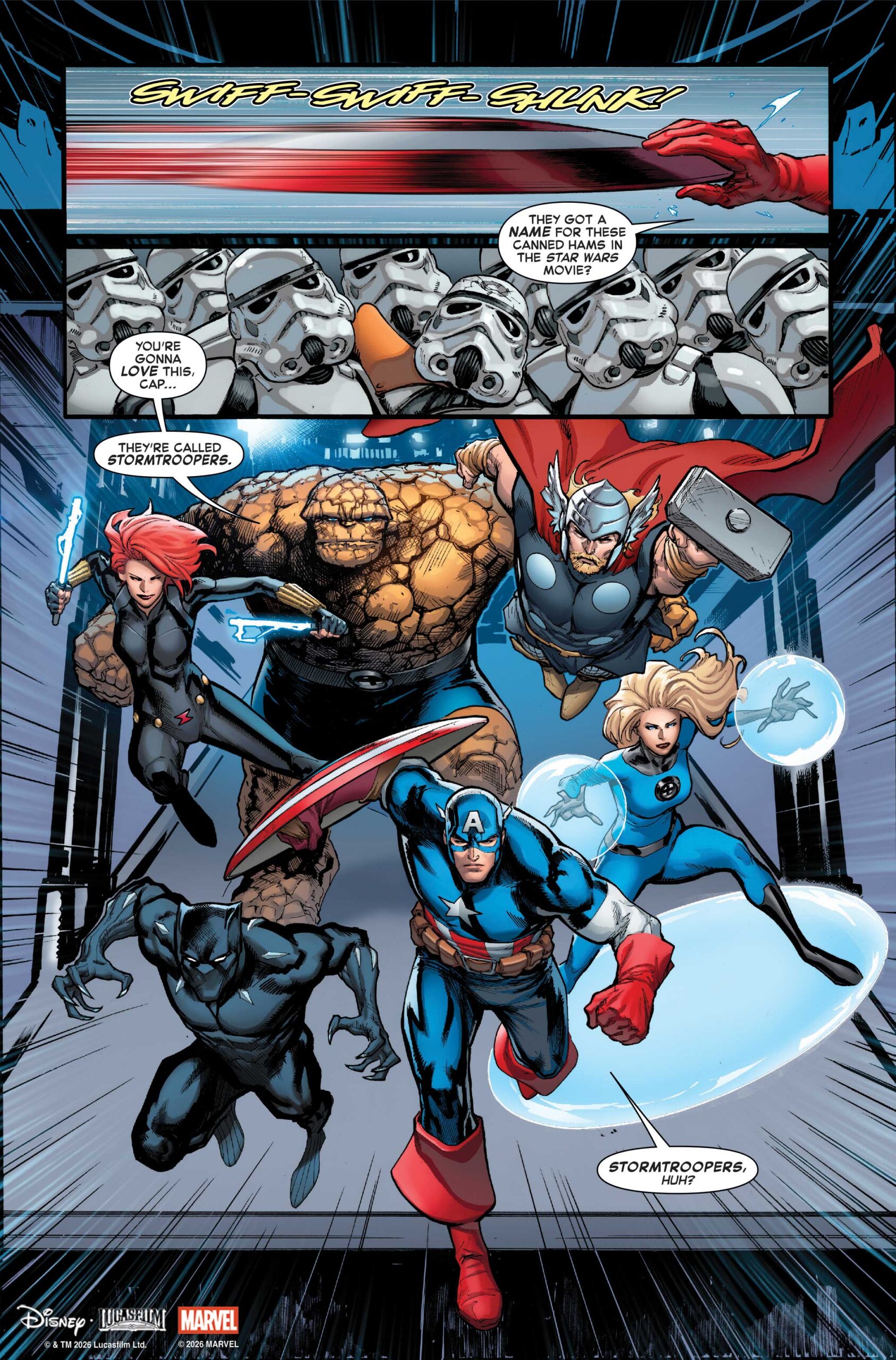 Hope Assembles #1 preview page with Captain America, Black Widow, the Thing, Thor, the Invisible Woman and Black Panther charging a line of stormtroopers