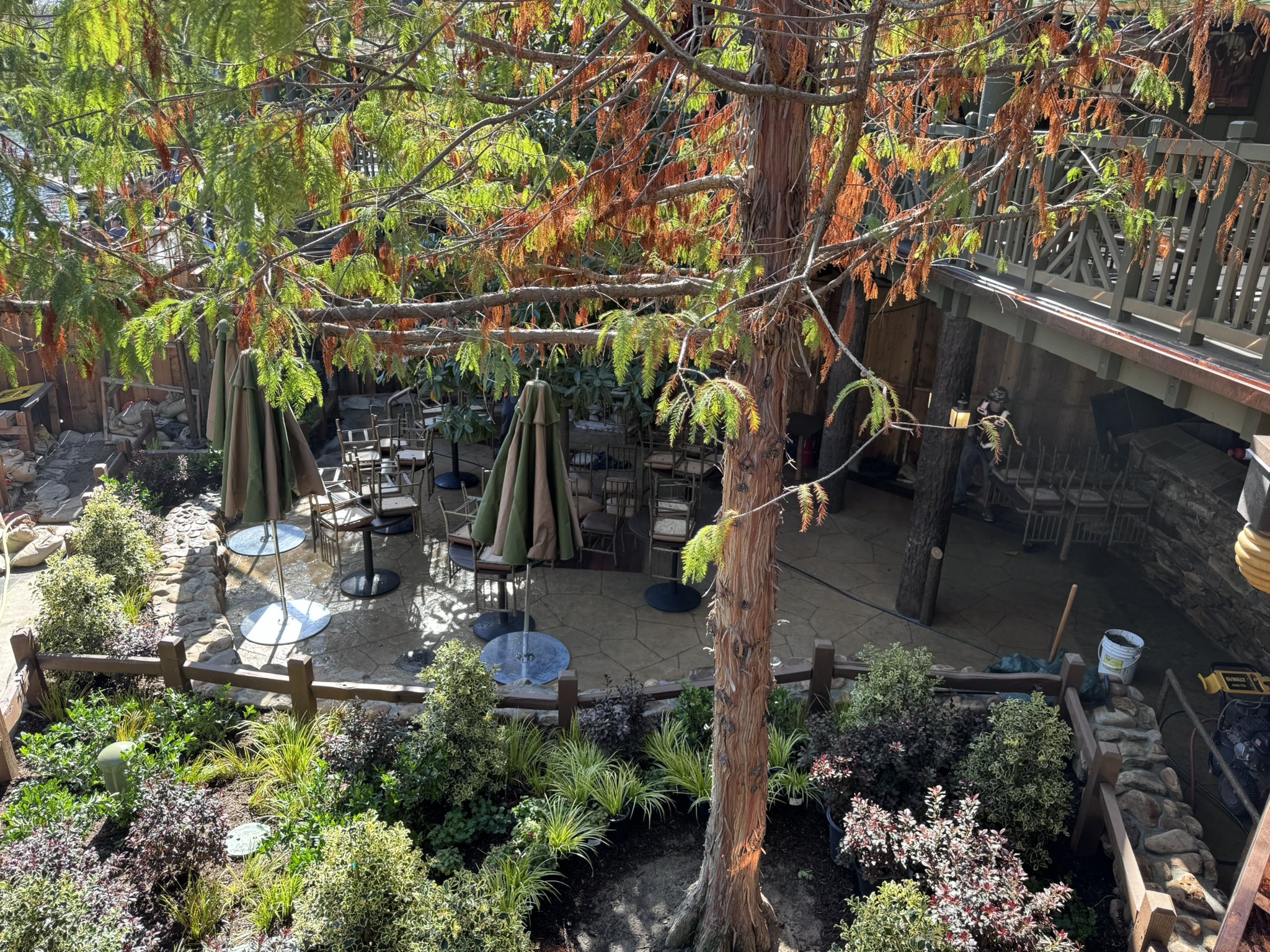 The new lower-level dining area at Hungry Bear Barbecue Jamboree with tables, umbrellas, lanterns and planters