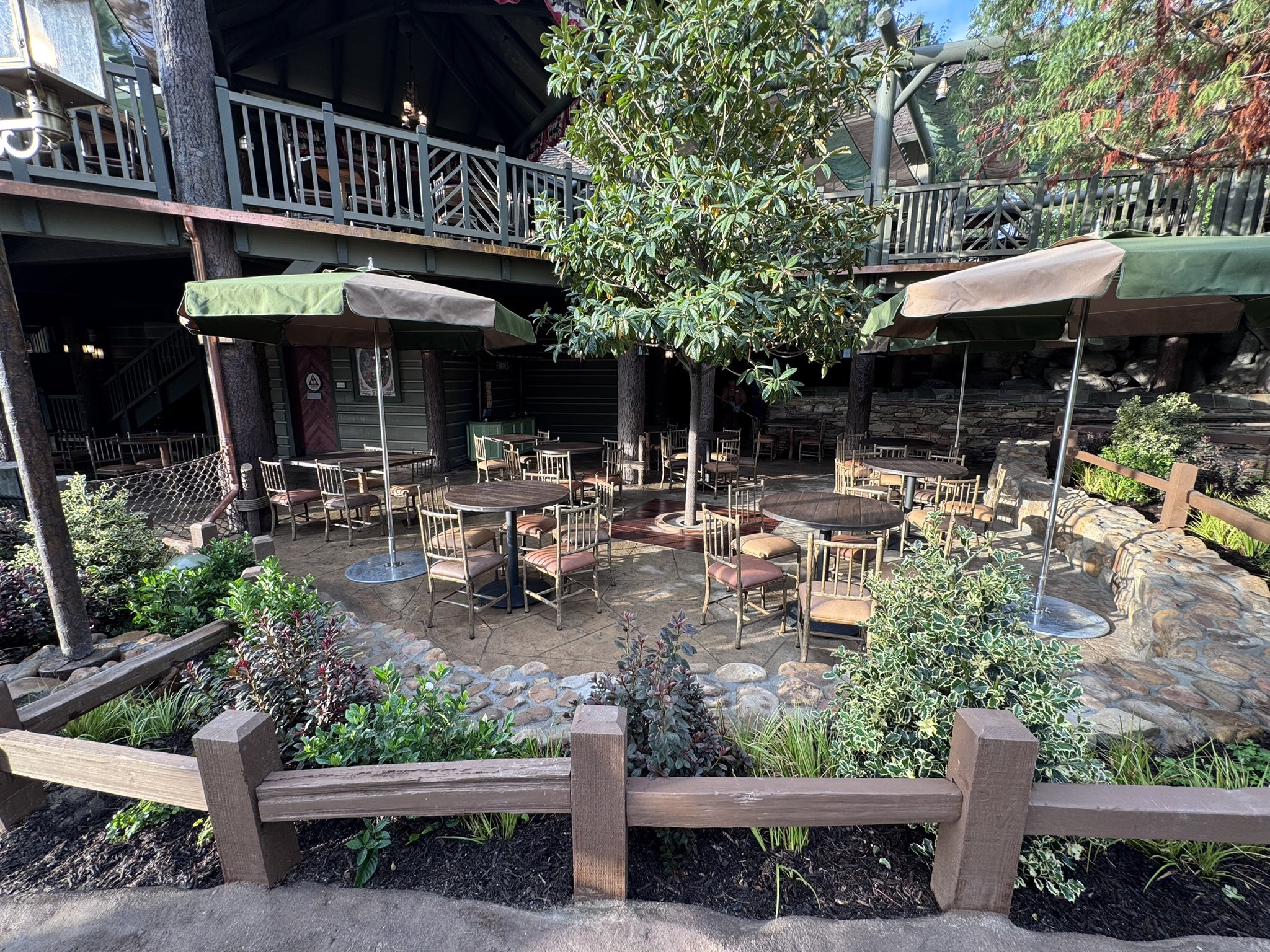 The new open-air patio seating below Hungry Bear Barbecue Jamboree with umbrellas and a tree in a stone planter