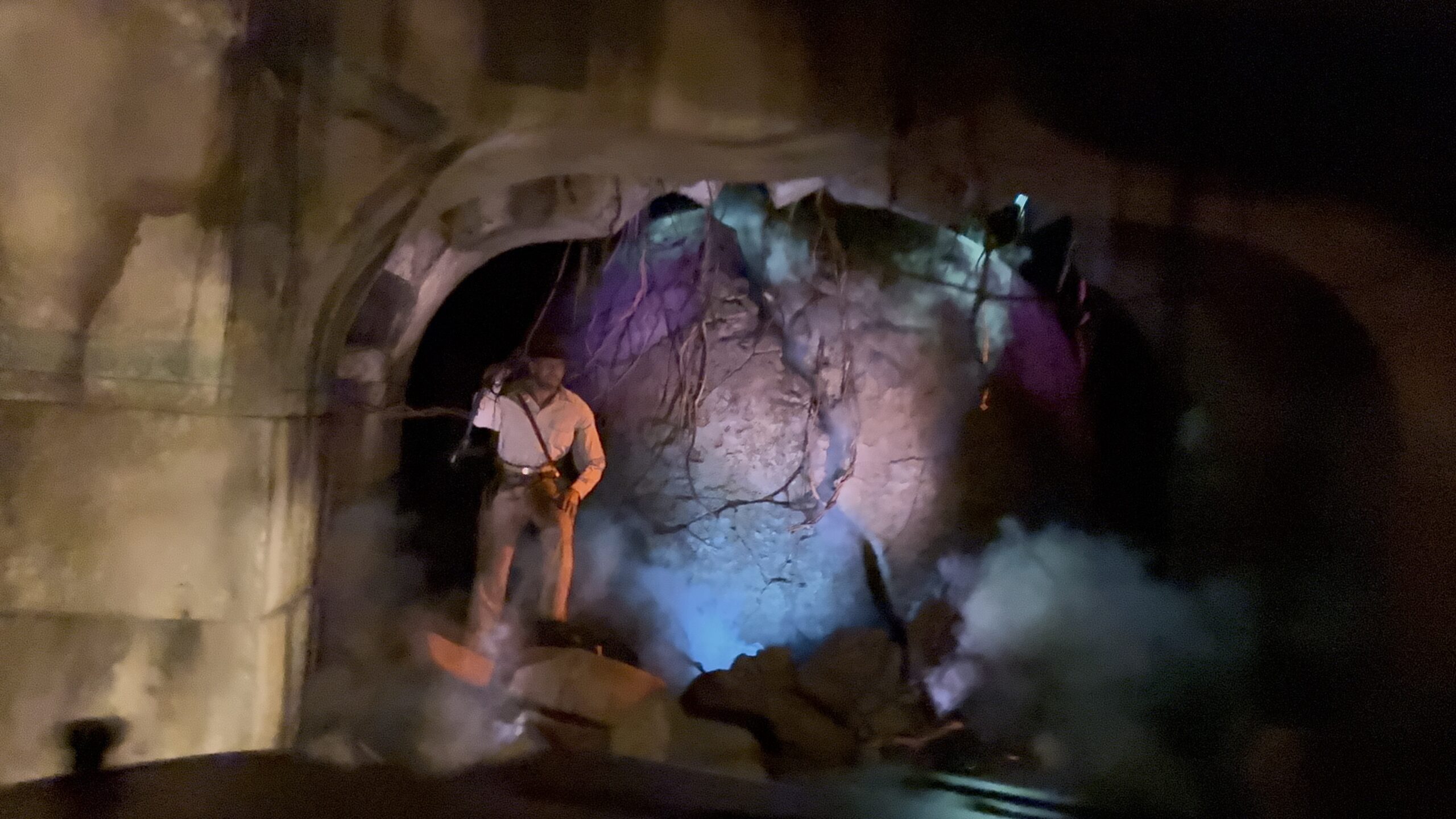 The Indiana Jones Audio-Animatronics figure in the boulder scene of Indiana Jones Adventure at Disneyland