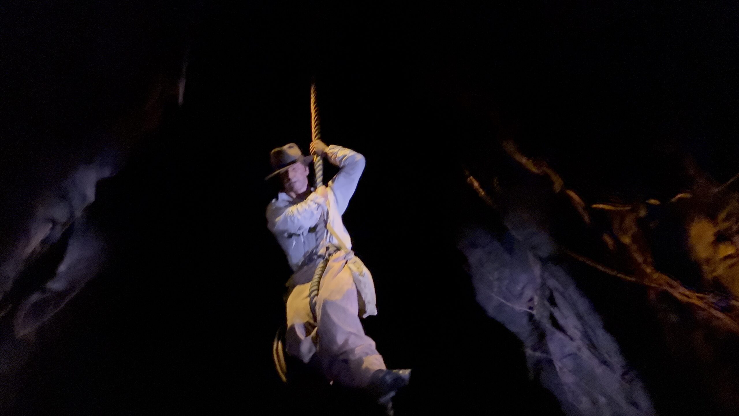 The Indiana Jones Audio-Animatronics figure hanging from a rope at Indiana Jones Adventure at Disneyland