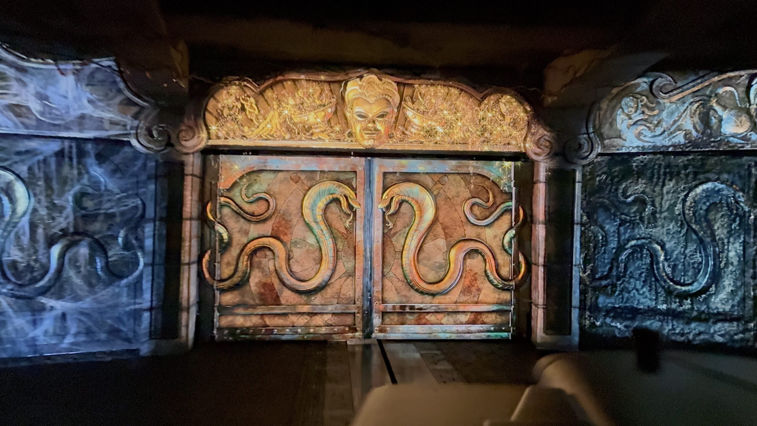 The carved snake doors inside the temple at Indiana Jones Adventure at Disneyland