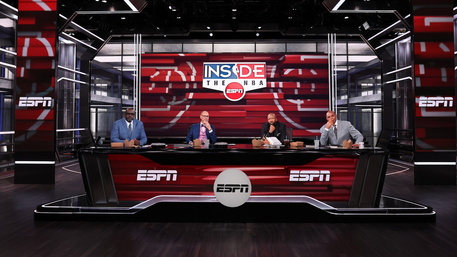 The Inside the NBA desk on ESPN with Ernie Johnson, Kenny Smith, Charles Barkley and Shaquille O'Neal