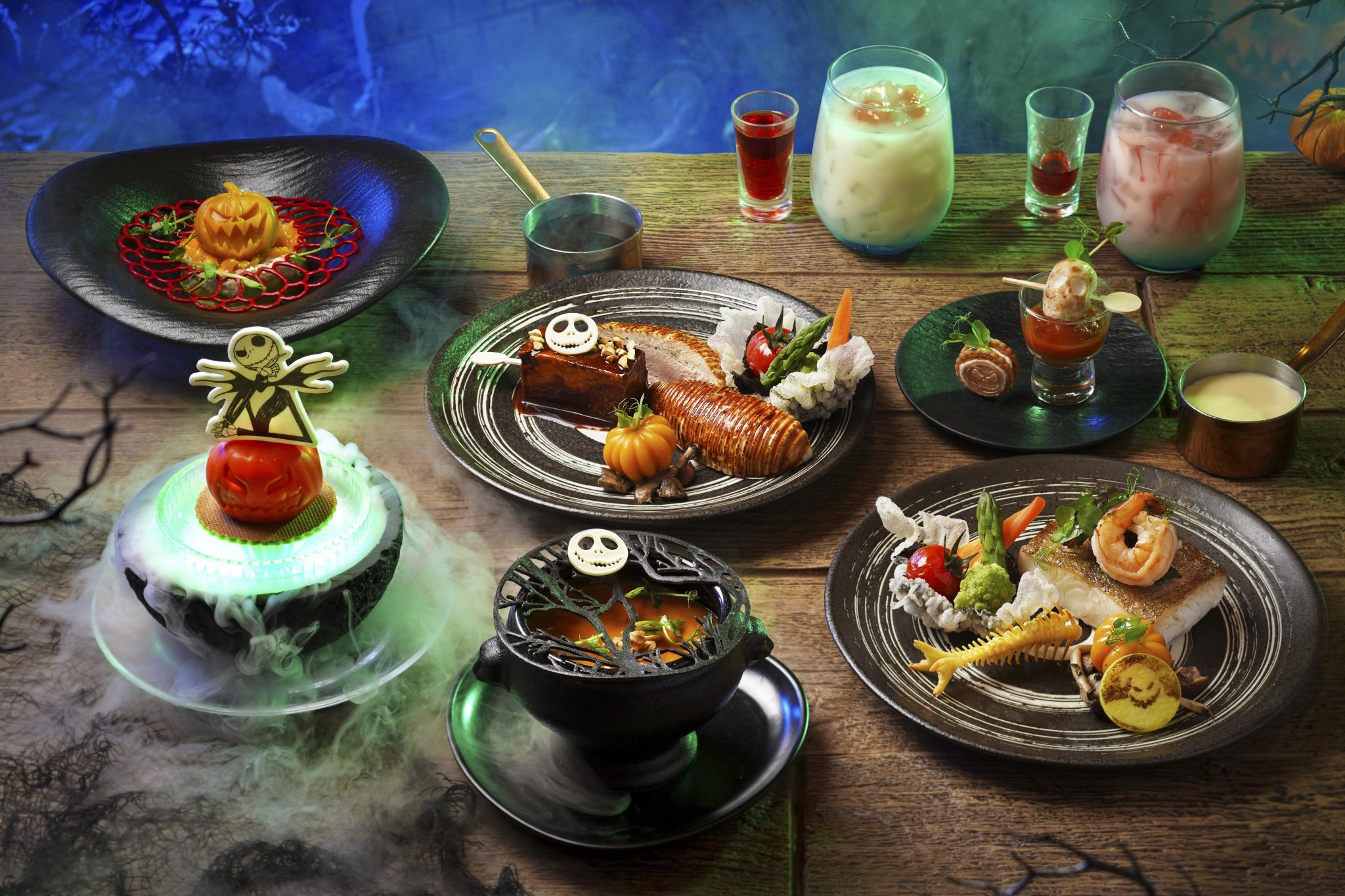 Dishes and drinks from Jack Skellington's The Nightmare Before Dinner at River View Cafe, Hong Kong Disneyland