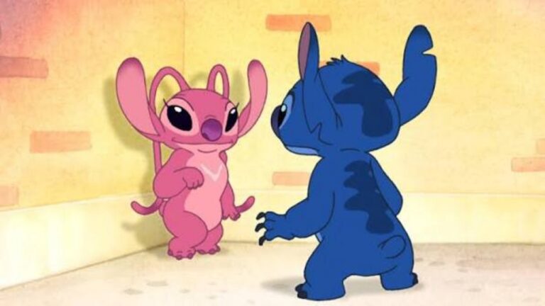 Angel and Stitch face each other in a still from Lilo & Stitch: The Series