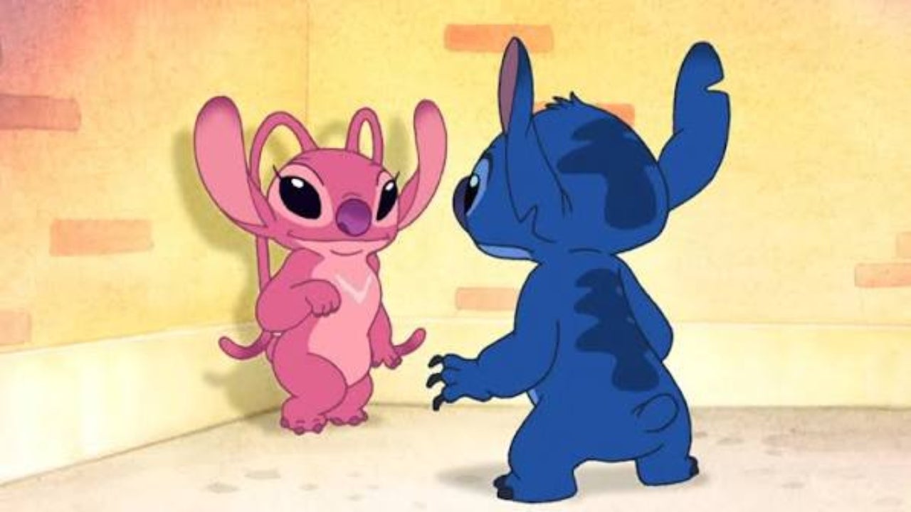 Angel and Stitch face each other in a still from Lilo & Stitch: The Series