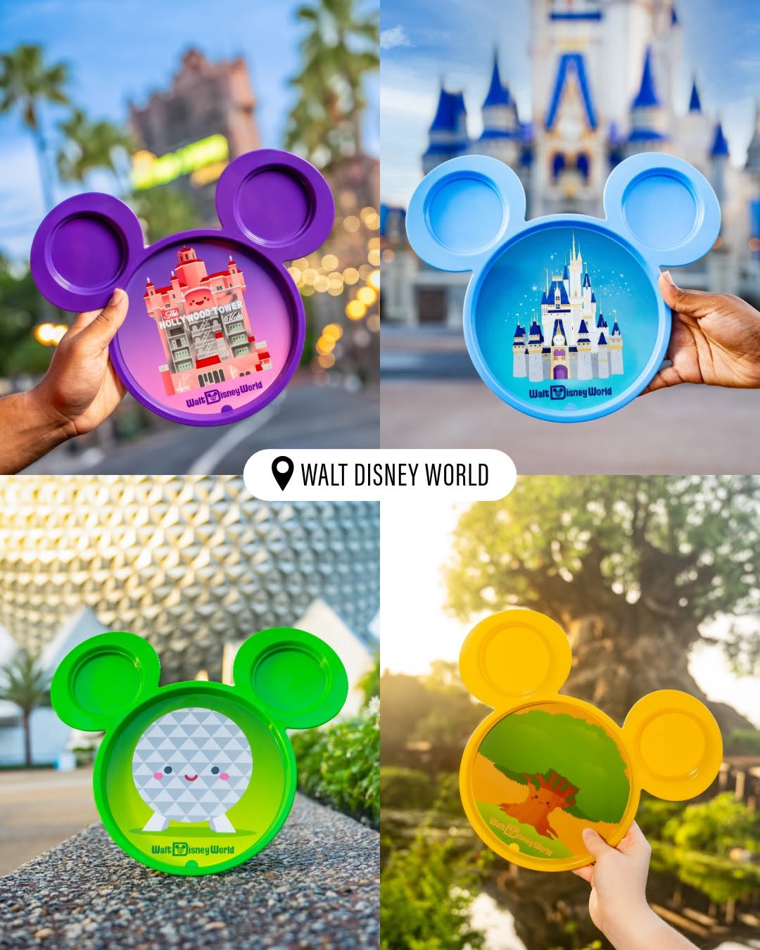 Four Mickey Mouse-shaped souvenir plates held up in front of the four Walt Disney World park icons: a purple Hollywood Tower Hotel plate, a blue Cinderella Castle plate, a green Spaceship Earth plate and a yellow Tree of Life plate