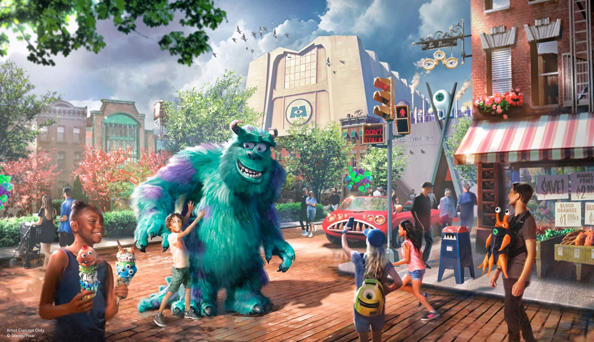 Rendering of Sulley greeting guests on a Monstropolis street with the Monsters, Inc. factory behind them