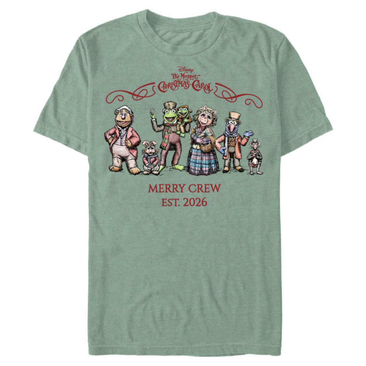 Green Muppet Christmas Carol Holiday Characters tee with the cast and customizable "Merry Crew" text