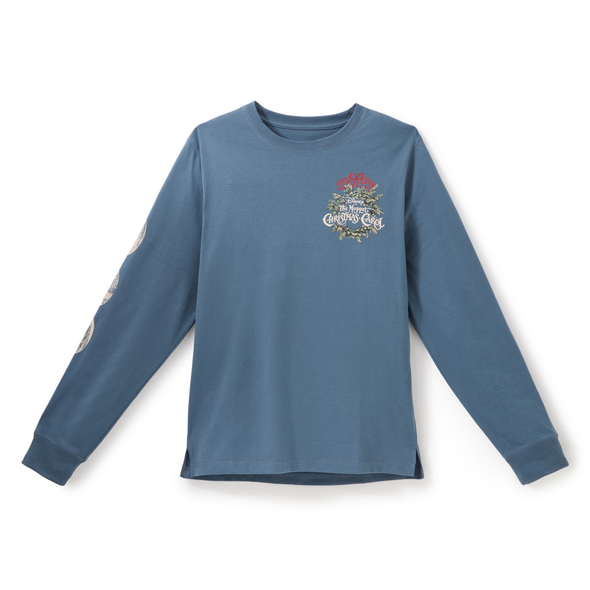Front of the Muppet Christmas Carol long sleeve tee with logo and wreath