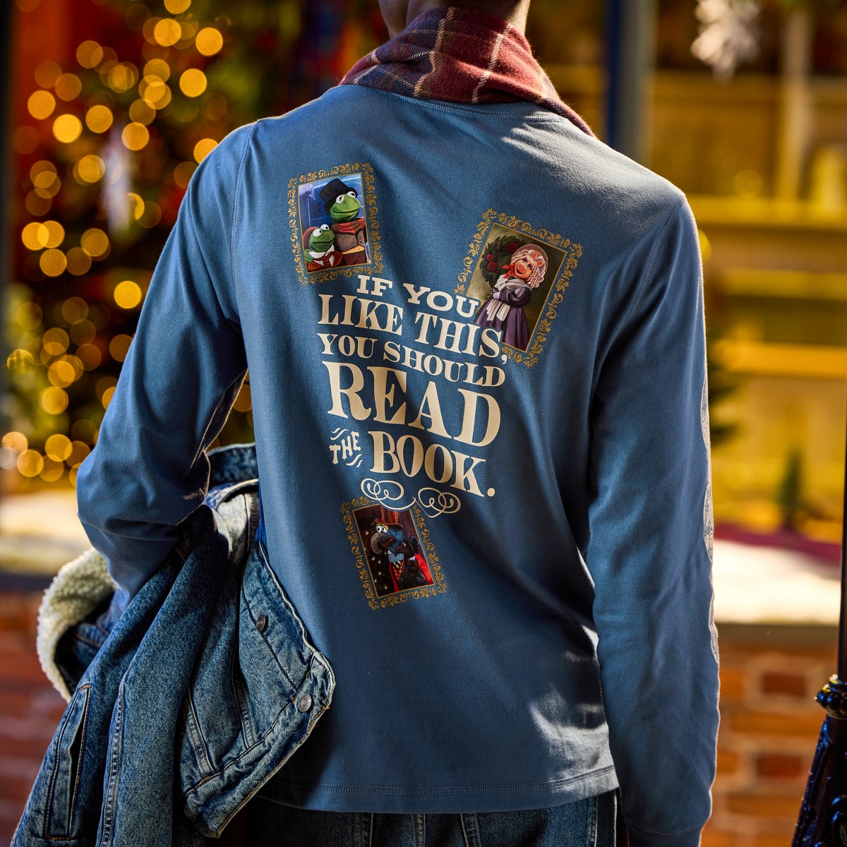 Muppet Christmas Carol long sleeve tee worn, showing the back design