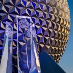 Spaceship Earth lit up at night at EPCOT