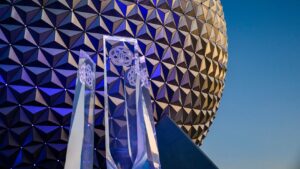 Spaceship Earth lit up at night at EPCOT