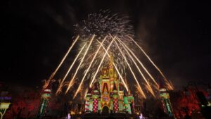 Minnie's Wonderful Christmastime Fireworks bursting above Cinderella Castle at Mickey's Very Merry Christmas Party