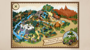 Disney artwork welcoming guests to Piston Peak National Park in Frontierland at Magic Kingdom