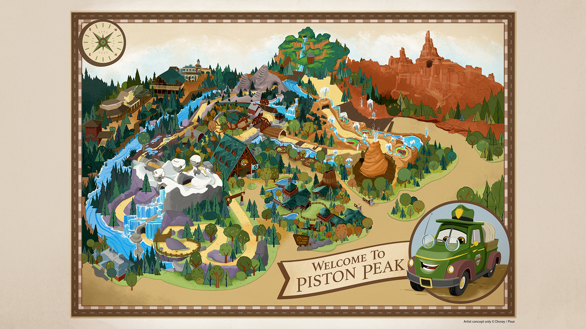 Disney artwork welcoming guests to Piston Peak National Park in Frontierland at Magic Kingdom