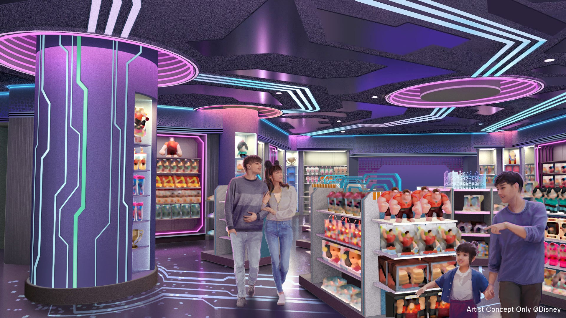 Concept art of the Pixel Prism shop interior with glowing circuit-style lighting and Wreck-It Ralph plush on the shelves