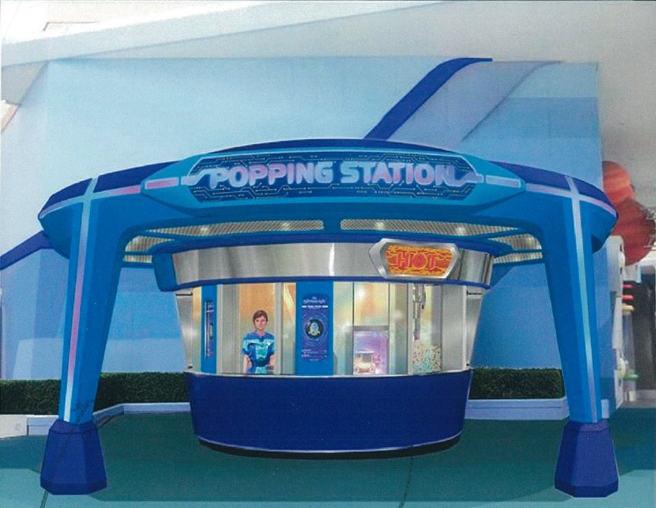 Concept art of the blue Popping Station popcorn stand in Tomorrowland at Tokyo Disneyland