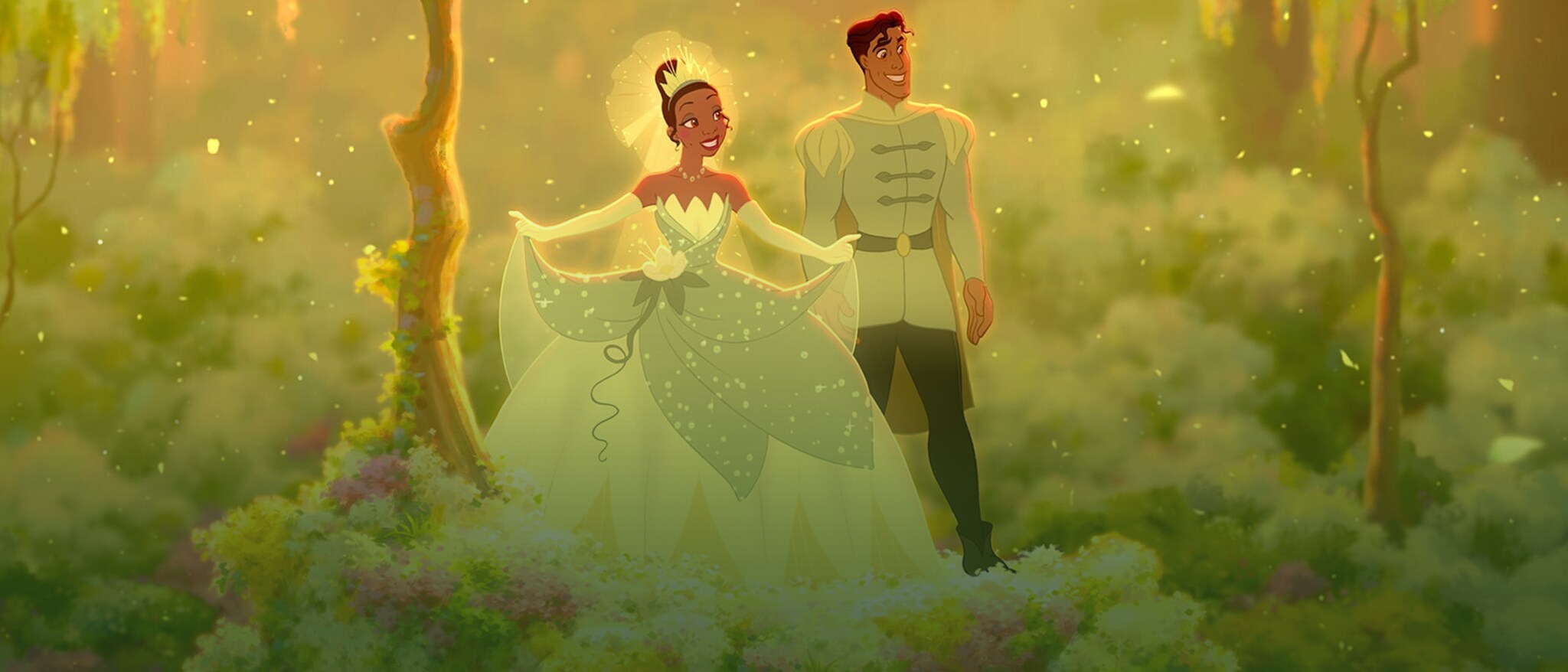 Tiana in a green gown and Prince Naveen walking together through the bayou in The Princess and the Frog