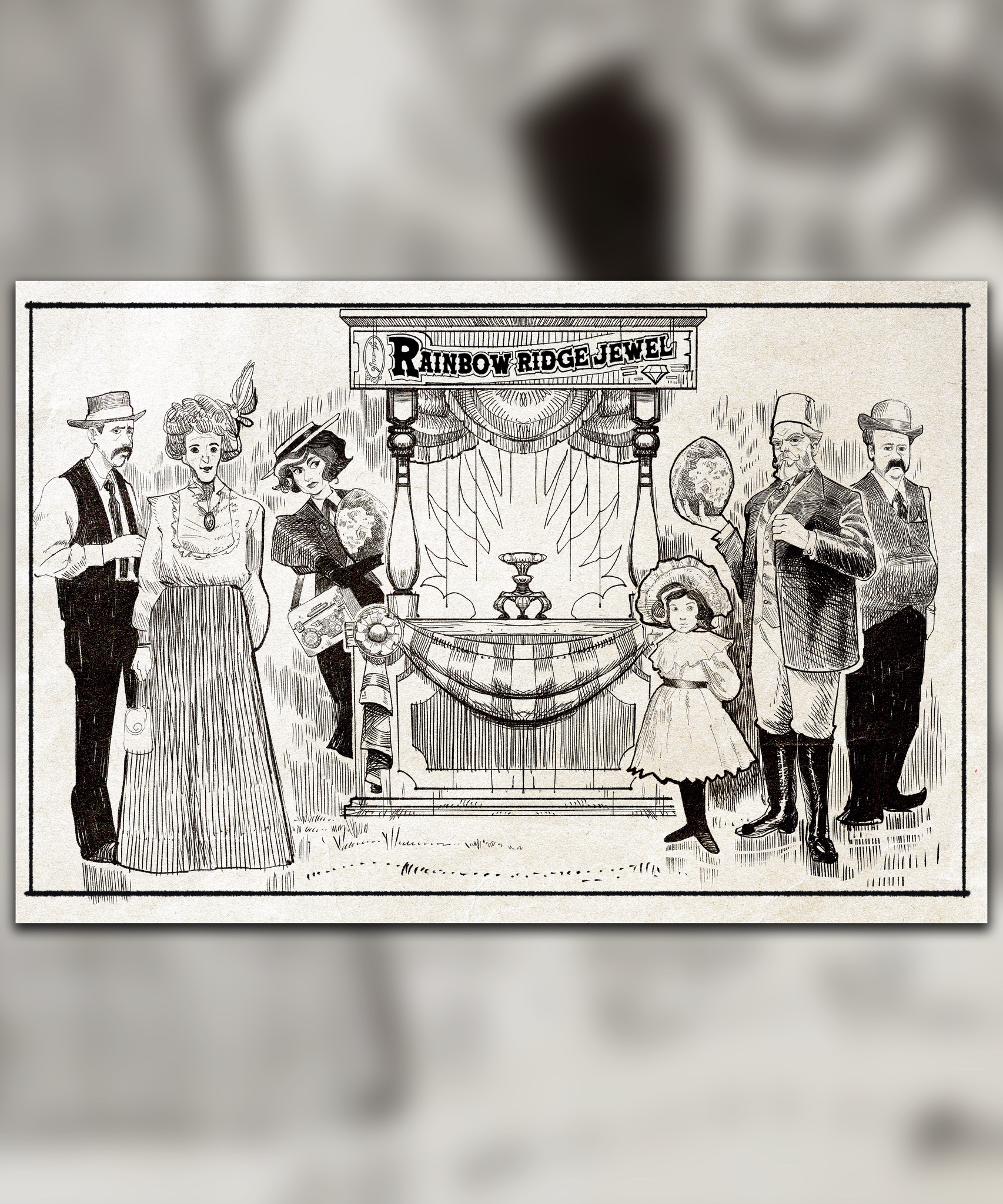Ink illustration of a Rainbow Ridge Jewel exhibit with townspeople, a woman holding a geode and a man in a fez holding another