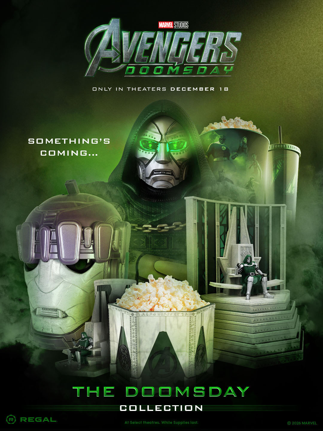 Regal's Avengers: Doomsday collection of popcorn buckets and cups
